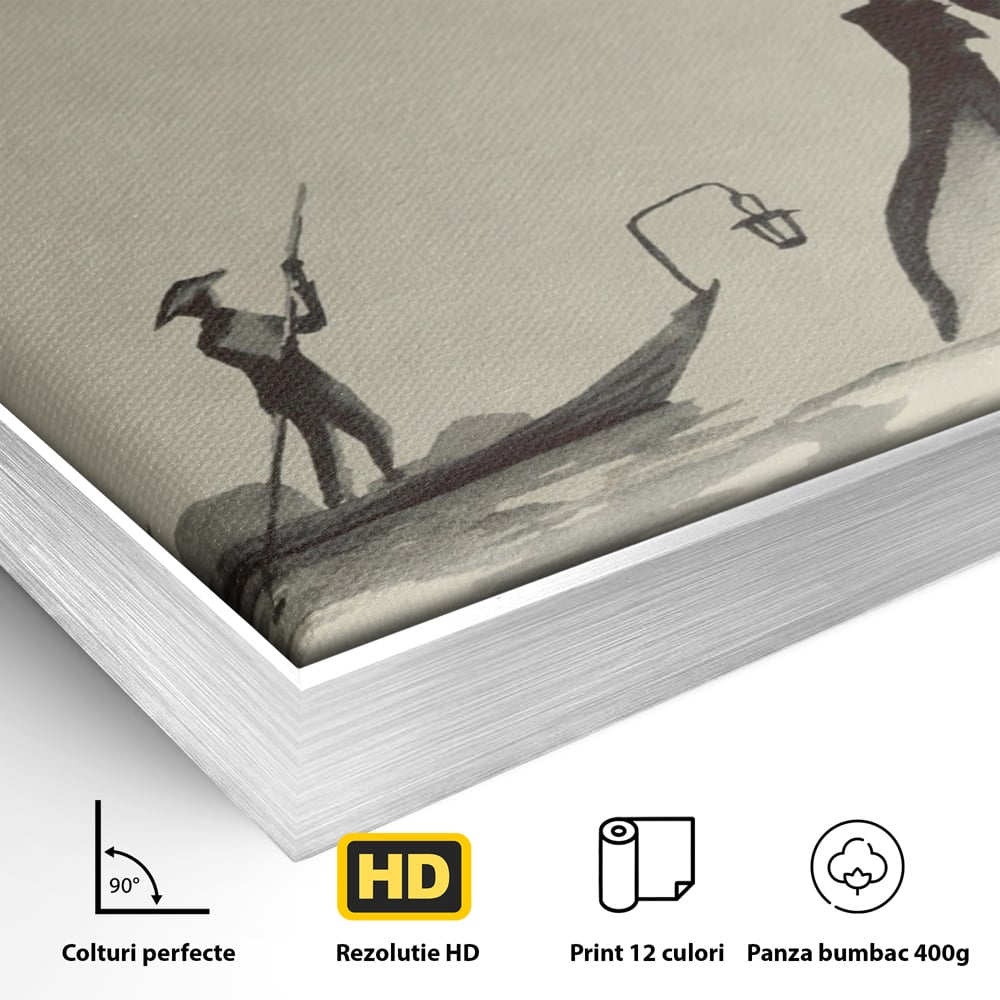 Detaliu al suprafetei: pictura minimalista cu pescar si soare rosu, in rama de aluminiu argintiu